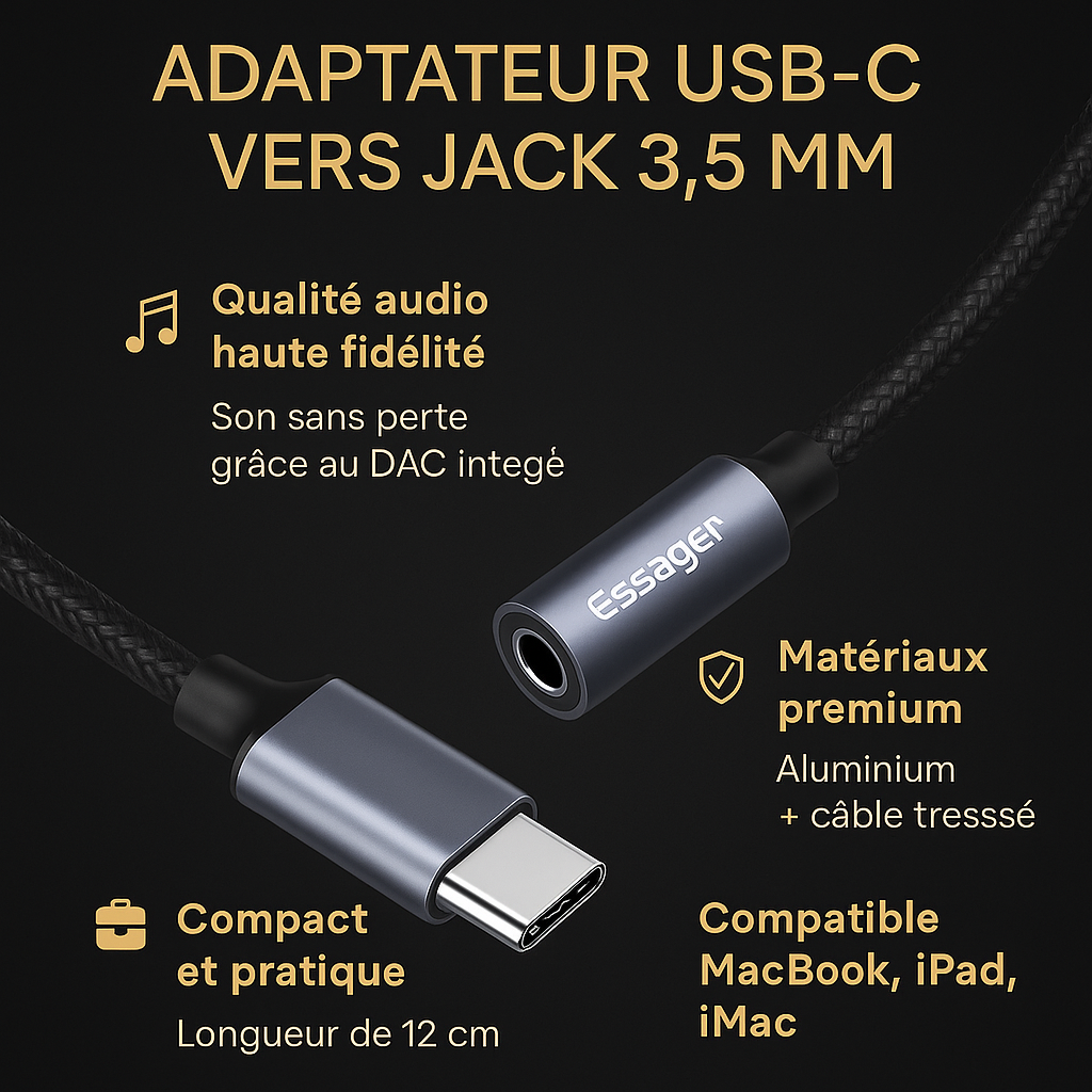 Adaptateur USB-C vers Jack 3,5 mm – Audio Haute Qualité pour Smartphones, Tablettes et Ordinateurs USB-C