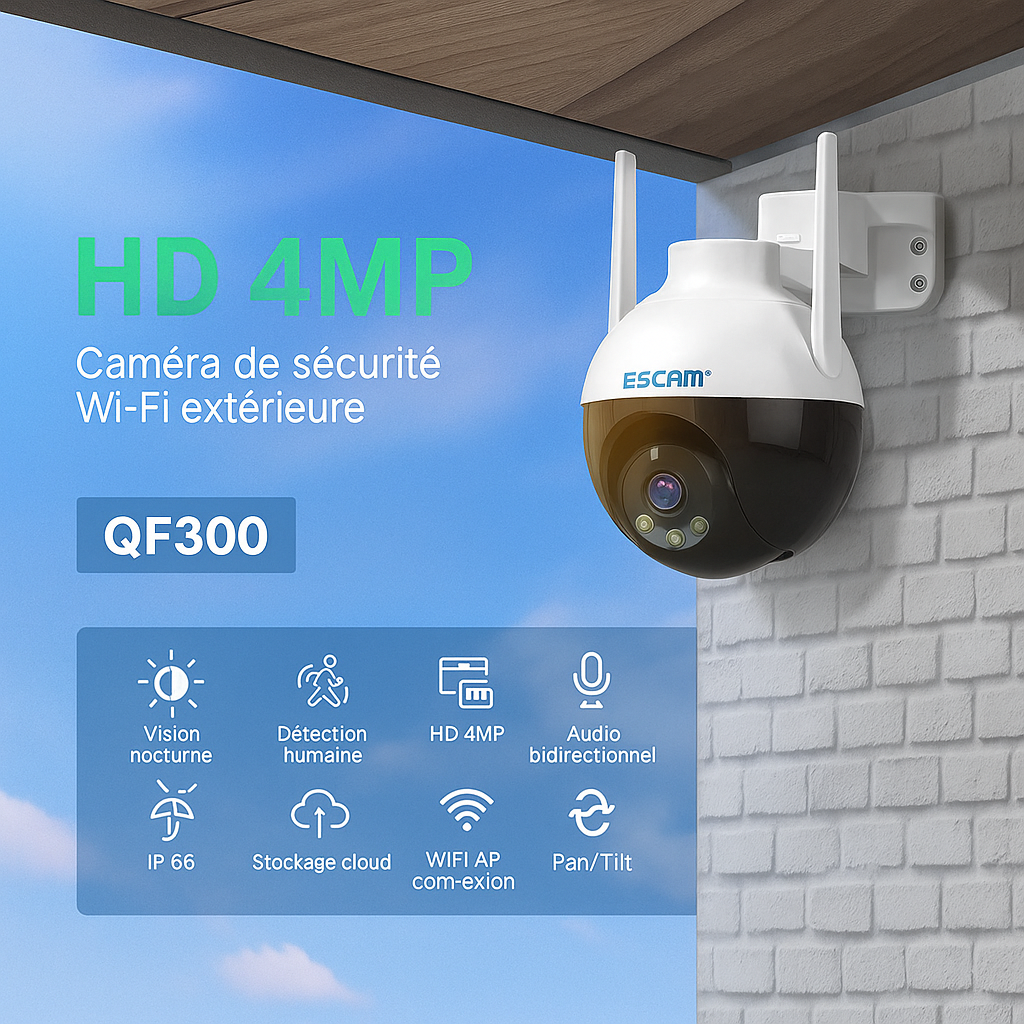 Caméra de Surveillance WiFi PTZ ESCAM QF300 – 3MP, Vision Nocturne Couleur, Suivi Automatique AI, Audio Bidirectionnel, IP66 Étanche