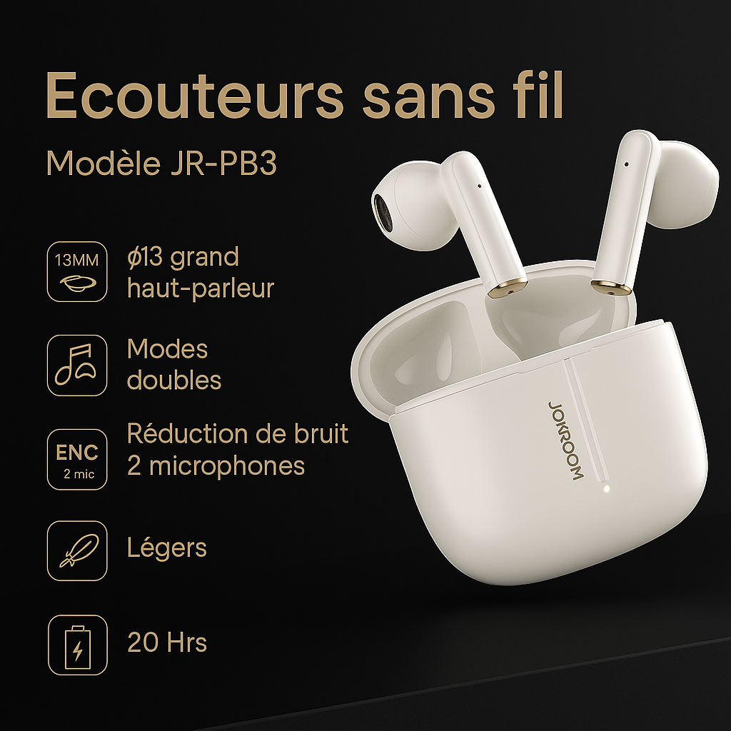 Écouteurs Bluetooth 5.4 Joyroom JR-PB3 – Sans Fil, Réduction de Bruit ENC, 20H d’Autonomie, Étanches IPX5