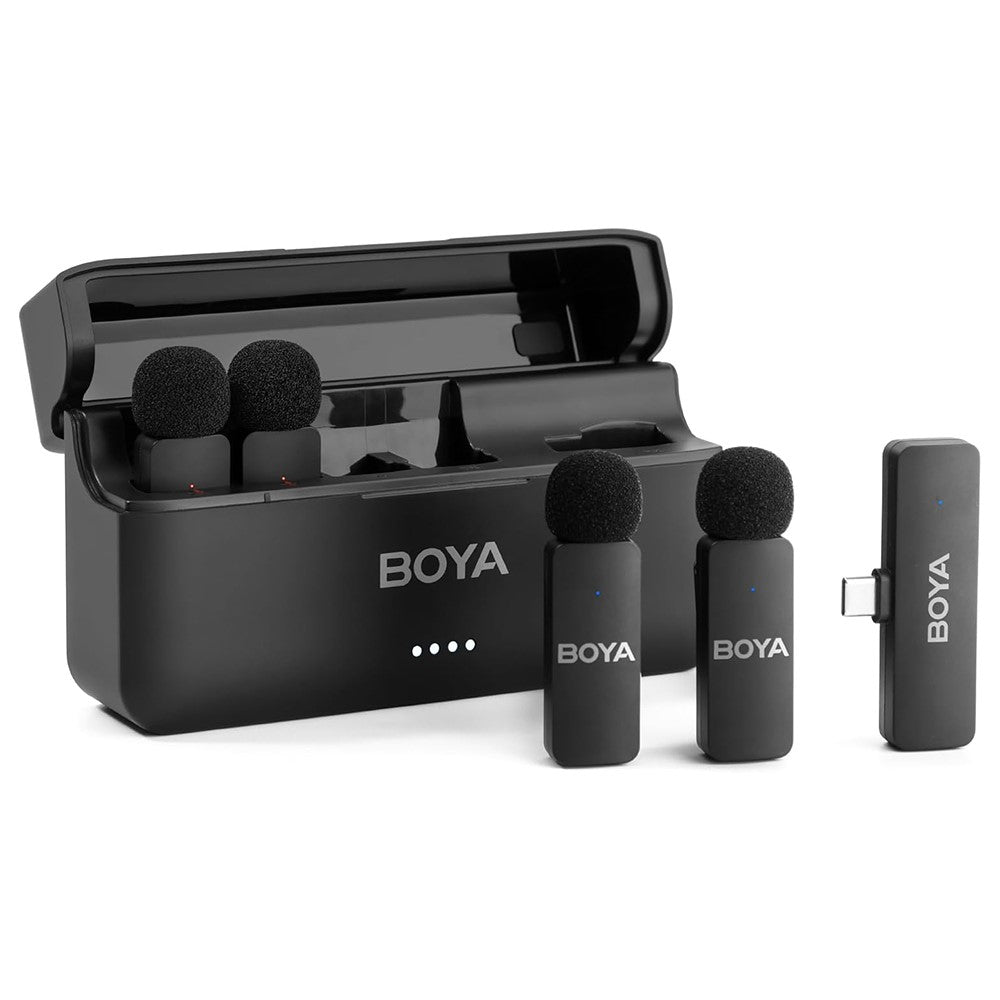 Micro-cravate sans fil 4 canaux avec boîtier de charge – BOYA BY-V4U pour iPhone 15/16 et Android USB-C