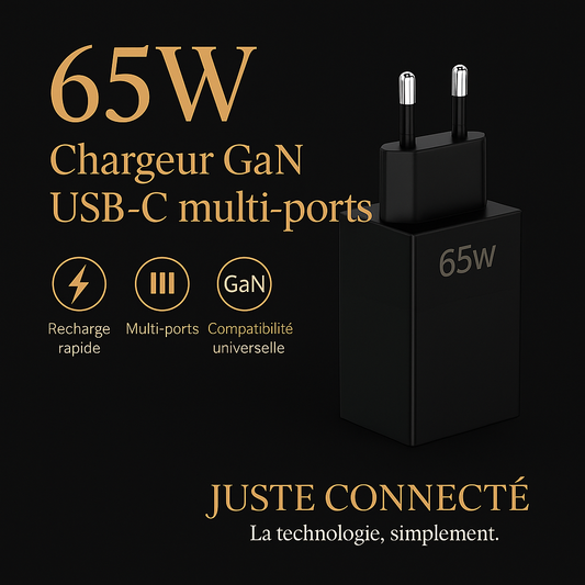 Chargeur GaN 65W – 2 Ports USB-C + 1 USB-A – Charge Rapide Universelle