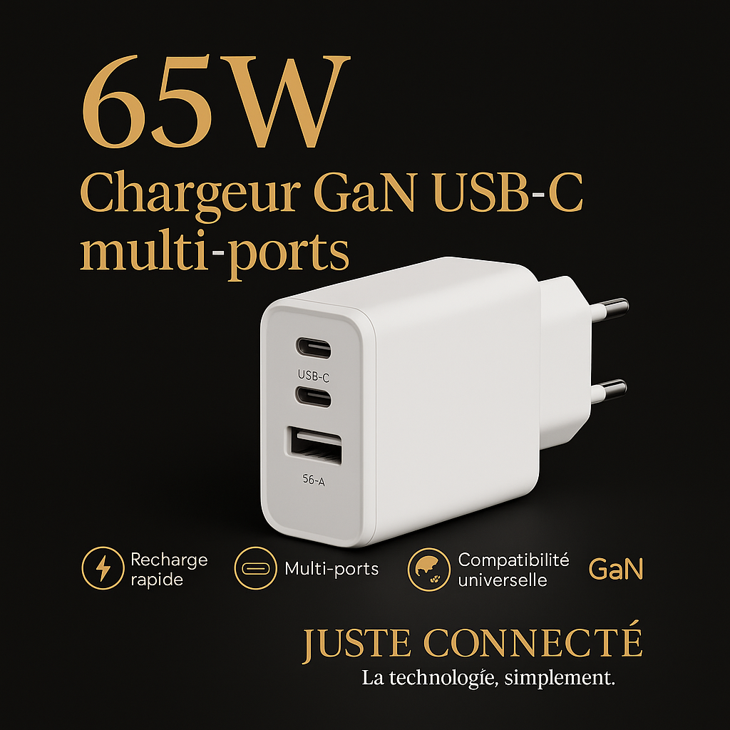 Chargeur GaN 65W – 2 Ports USB-C + 1 USB-A – Charge Rapide Universelle