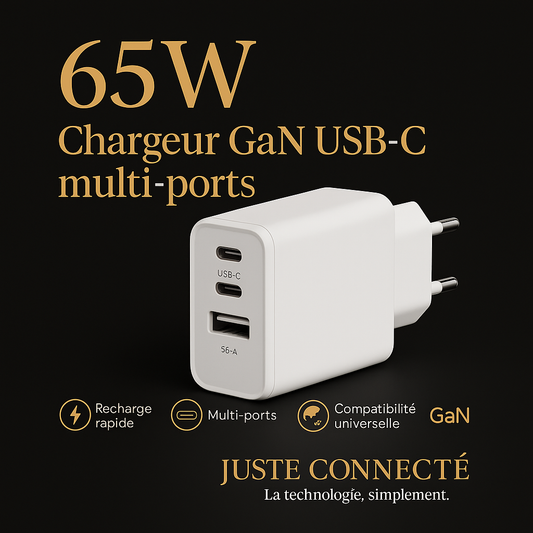 Chargeur GaN 65W – 2 Ports USB-C + 1 USB-A – Charge Rapide Universelle