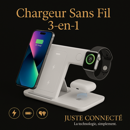 Chargeur Sans Fil 3 en 1 – Station de Charge Rapide pour iPhone, Apple Watch & AirPods – Support avec Veilleuse LED
