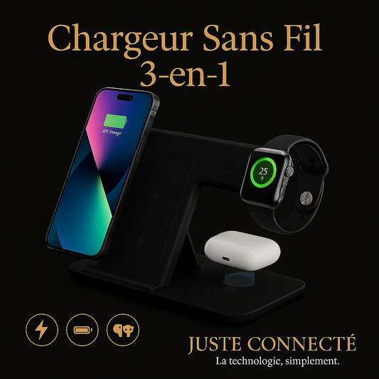 Chargeur Sans Fil 3 en 1 – Station de Charge Rapide pour iPhone, Apple Watch & AirPods – Support avec Veilleuse LED