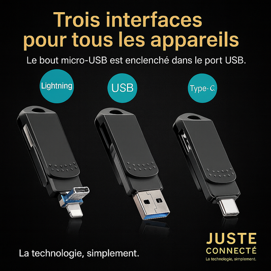 Clé USB 3-en-1 256 Go – Type-C, Lightning & USB 3.0 – Stockage rapide et portable pour iPhone, Android & PC