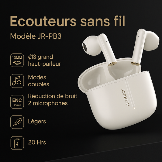 Écouteurs Bluetooth 5.4 Joyroom JR-PB3 – Sans Fil, Réduction de Bruit ENC, 20H d’Autonomie, Étanches IPX5