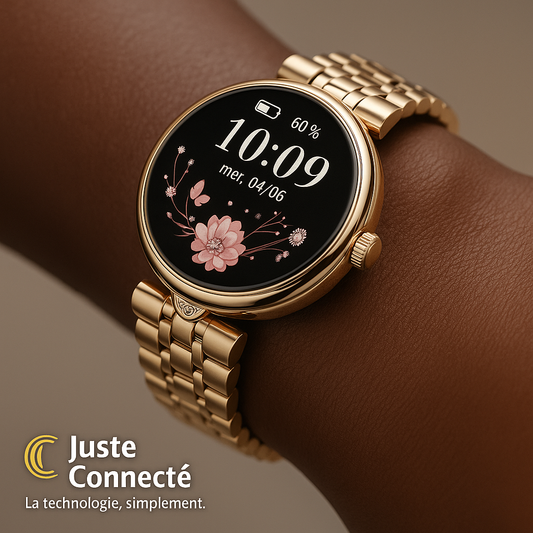 Montre Connectée Femme Élégante – Bracelet Acier Inoxydable avec Cristaux, Écran AMOLED, Suivi Santé & Sport, Étanche IP68