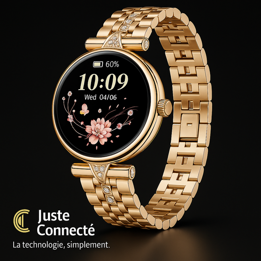 Montre Connectée Femme Élégante – Bracelet Acier Inoxydable avec Cristaux, Écran AMOLED, Suivi Santé & Sport, Étanche IP68