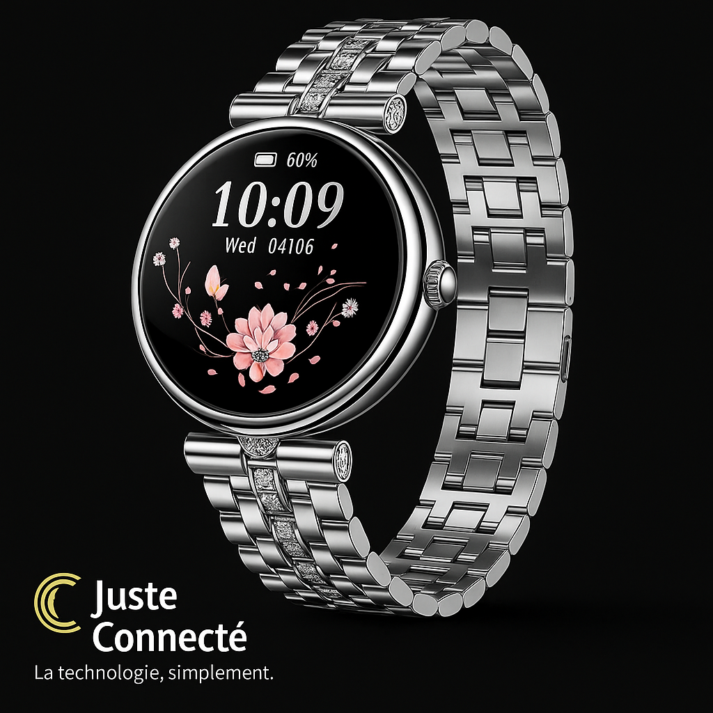 Montre Connectée Femme Élégante – Bracelet Acier Inoxydable avec Cristaux, Écran AMOLED, Suivi Santé & Sport, Étanche IP68