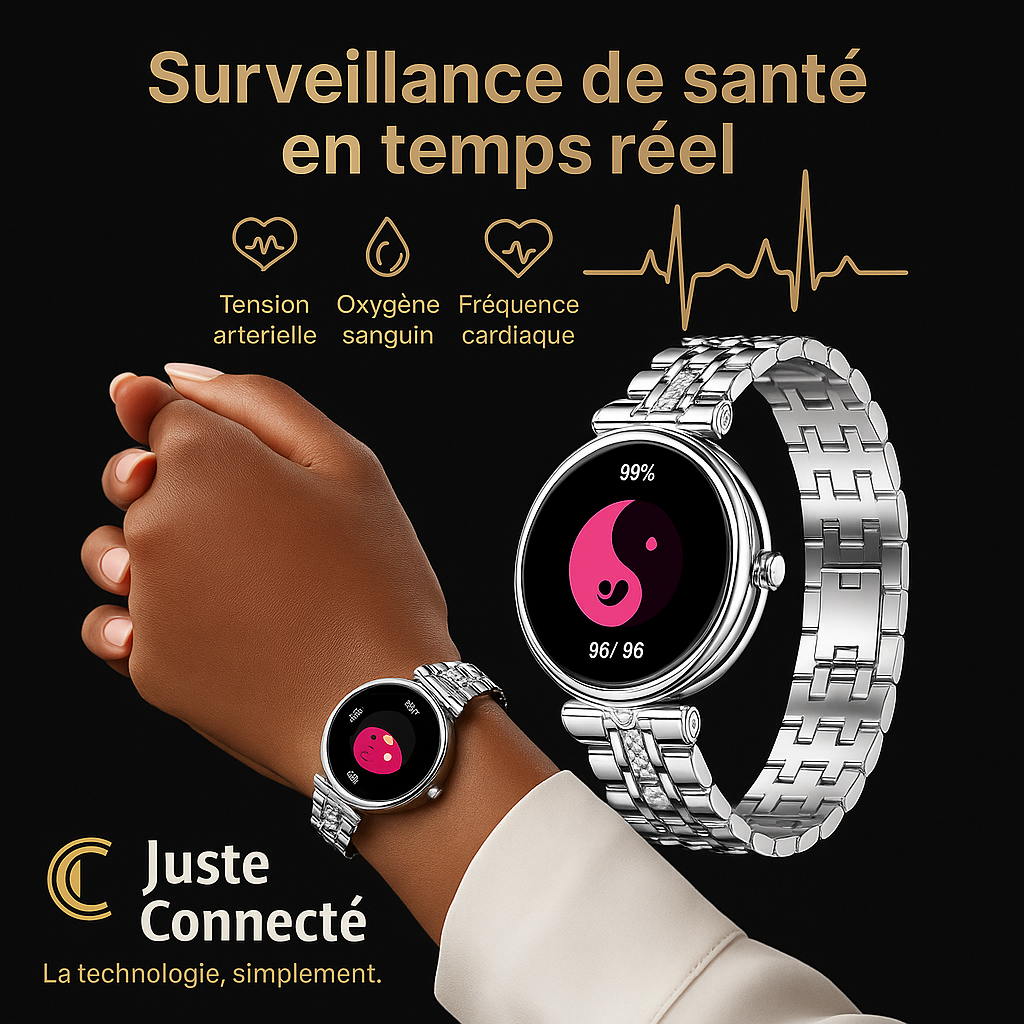 Montre Connectée Femme Élégante – Bracelet Acier Inoxydable avec Cristaux, Écran AMOLED, Suivi Santé & Sport, Étanche IP68