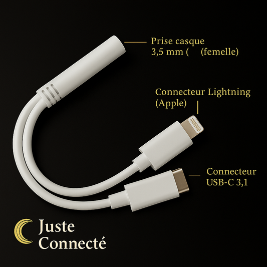 🔌 Adaptateur 3-en-1 Lightning & USB-C vers Jack 3,5 mm – Audio Haute Qualité et Compatibilité Universelle