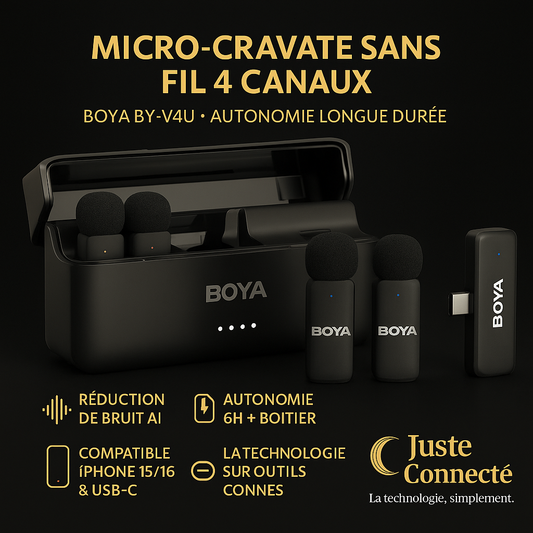 Micro-cravate sans fil 4 canaux avec boîtier de charge – BOYA BY-V4U pour iPhone 15/16 et Android USB-C