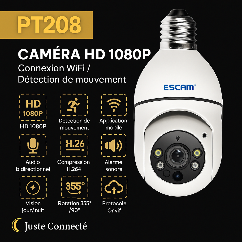 ESCAM PT208 – Caméra de Sécurité WiFi 1080P avec Détection de Mouvement, Vision Nocturne Double Source, Audio Bidirectionnel et Compatibilité ONVIF