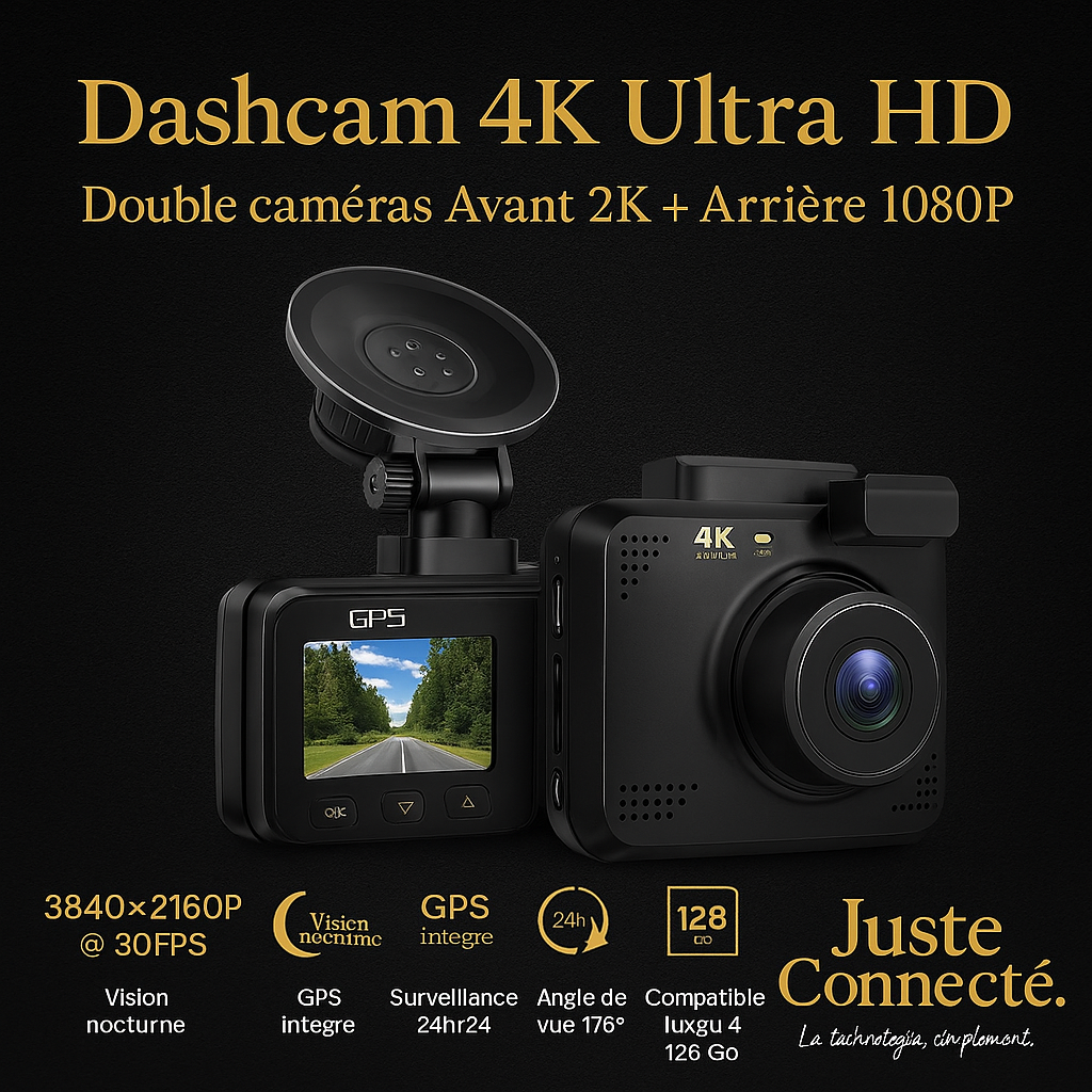 Dash Cam 4K Avant + Arrière | Vision Nocturne, WiFi, GPS & Surveillance 24h