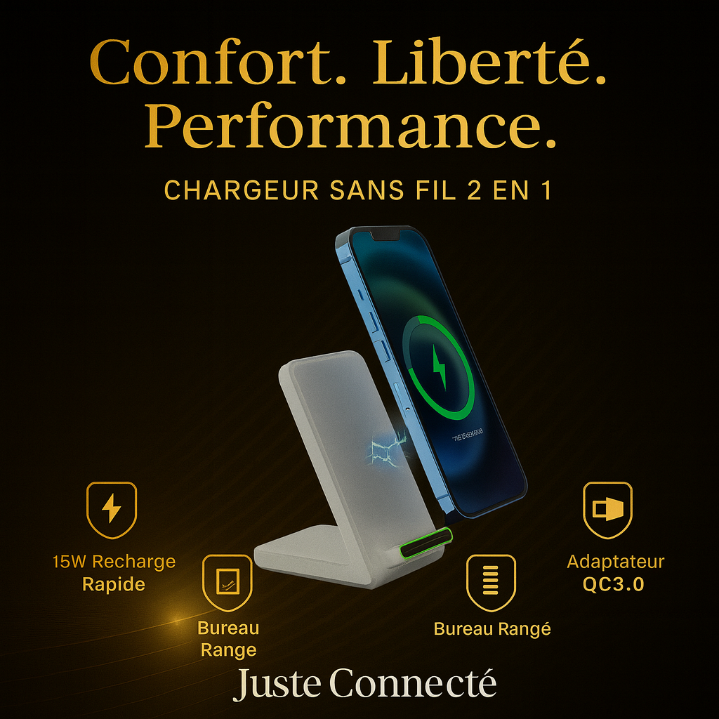 ⚡ Chargeur Sans Fil 2 en 1 avec Support Téléphone – Recharge Rapide & Bureau Organisé