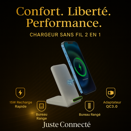 ⚡ Chargeur Sans Fil 2 en 1 avec Support Téléphone – Recharge Rapide & Bureau Organisé
