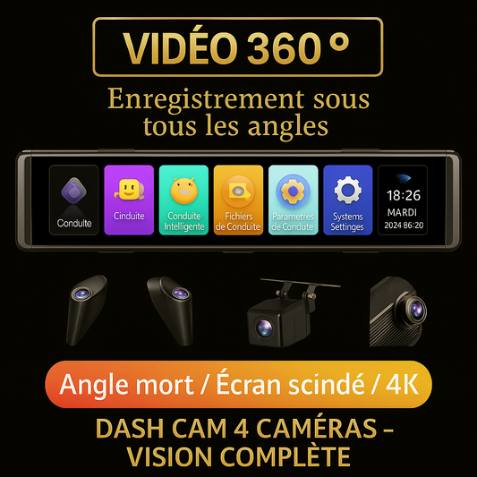 🚘 Dashcam 4K Multi-Caméras avec Détection d’Angles Morts & ADAS – Écran 12’’ IPS