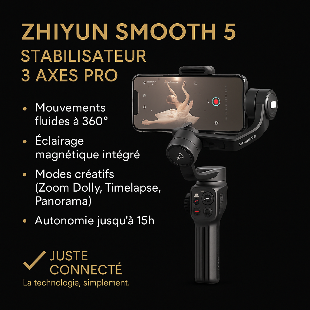 🎬 ZHIYUN Smooth 5 – Stabilisateur 3 Axes Professionnel pour Smartphone | Selfie Stick & Gimbal Haute Précision iPhone et Android