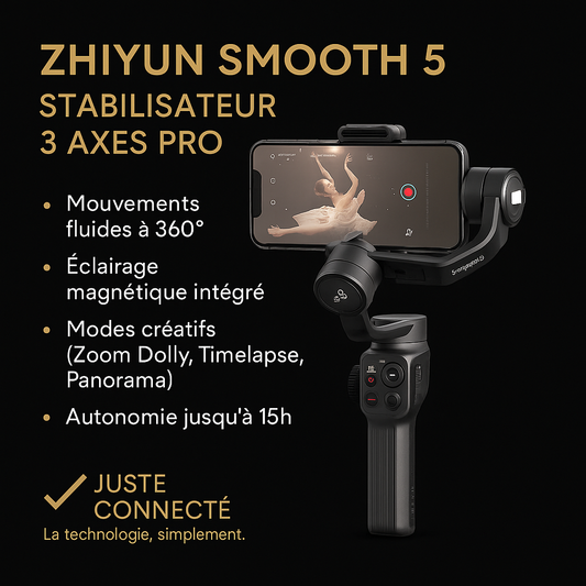 🎬 ZHIYUN Smooth 5 – Stabilisateur 3 Axes Professionnel pour Smartphone | Selfie Stick & Gimbal Haute Précision iPhone et Android
